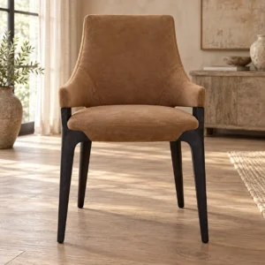 Tan Suede Wing-Back Dining Chair on Black Legs in clay — front view