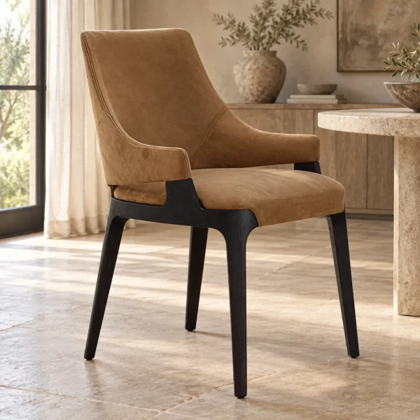 Tan Suede Wing-Back Dining Chair on Black Legs in clay — in a room setting