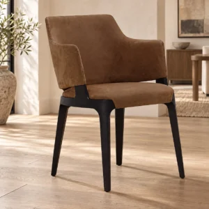 Brown Suede Dining Armchair on Black Legs in clay — front view