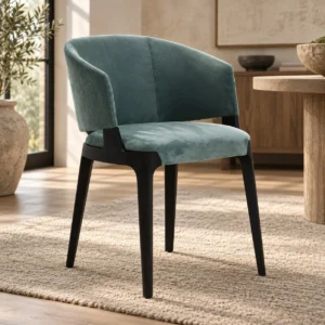 Teal Velvet Curved-Back Dining Chair in blue — in a room setting