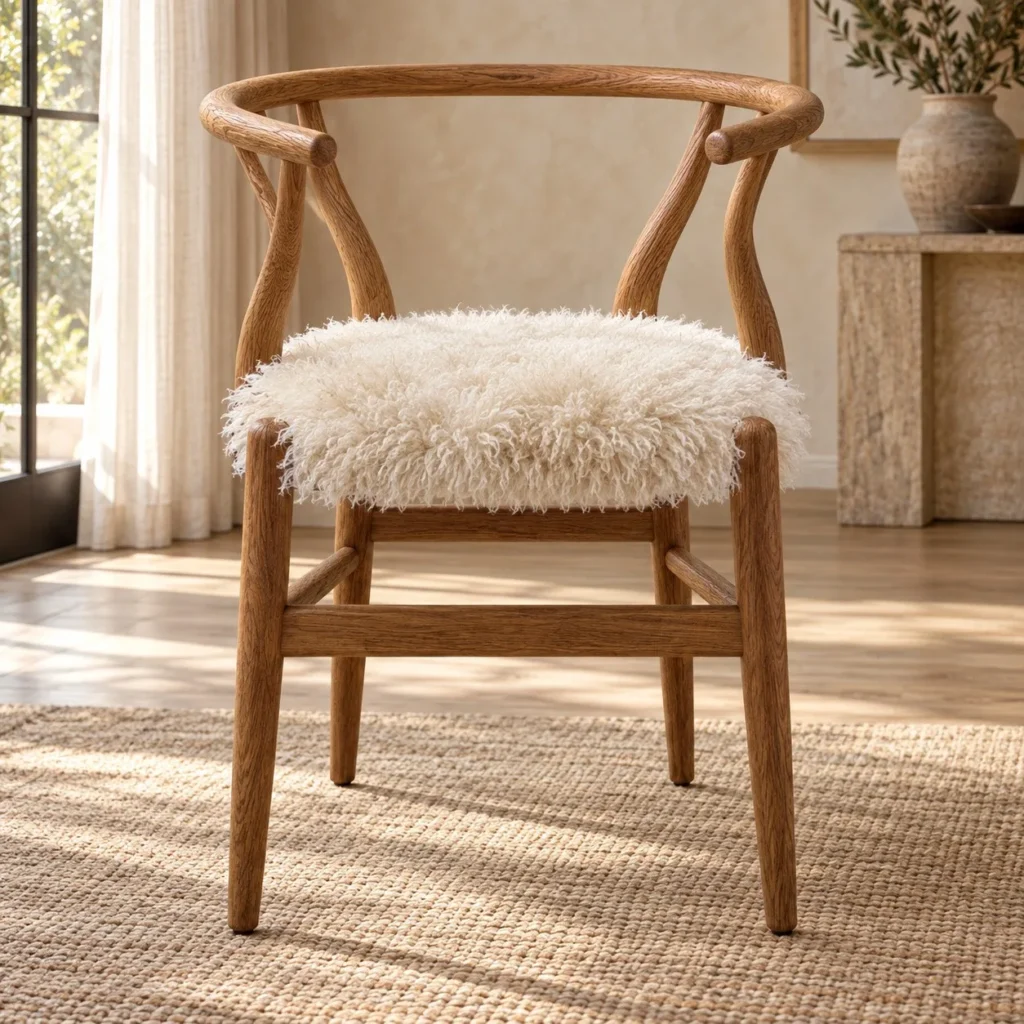 Oak Curved-Arm Dining Chair with Shearling Seat in natural oak — front view