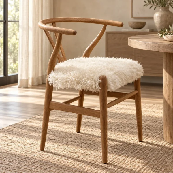 Oak Curved-Arm Dining Chair with Shearling Seat in natural oak — in a room setting