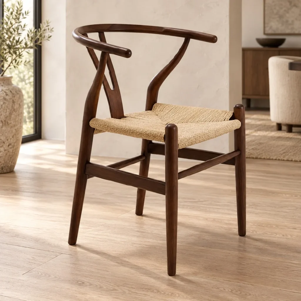 Dark Wood Wishbone Dining Chair with Paper Cord Seat in walnut — front view