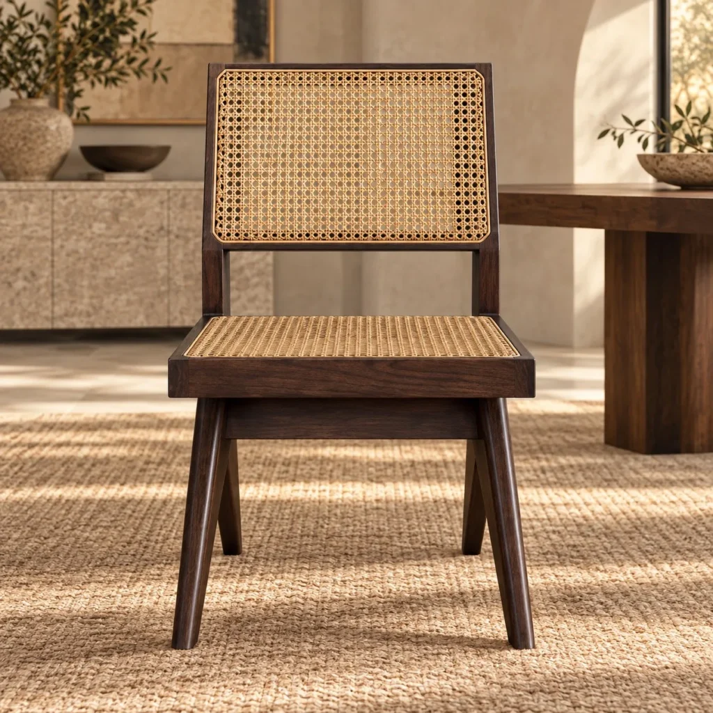 Dark Wood Cane-Back Dining Chair in walnut — front view