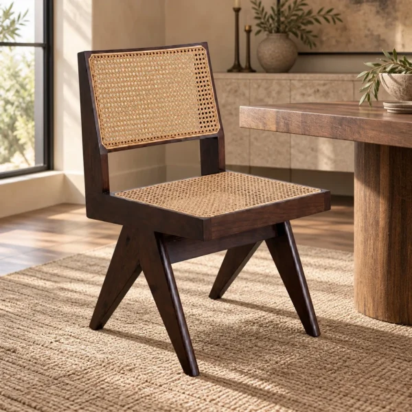 Dark Wood Cane-Back Dining Chair in walnut — in a room setting