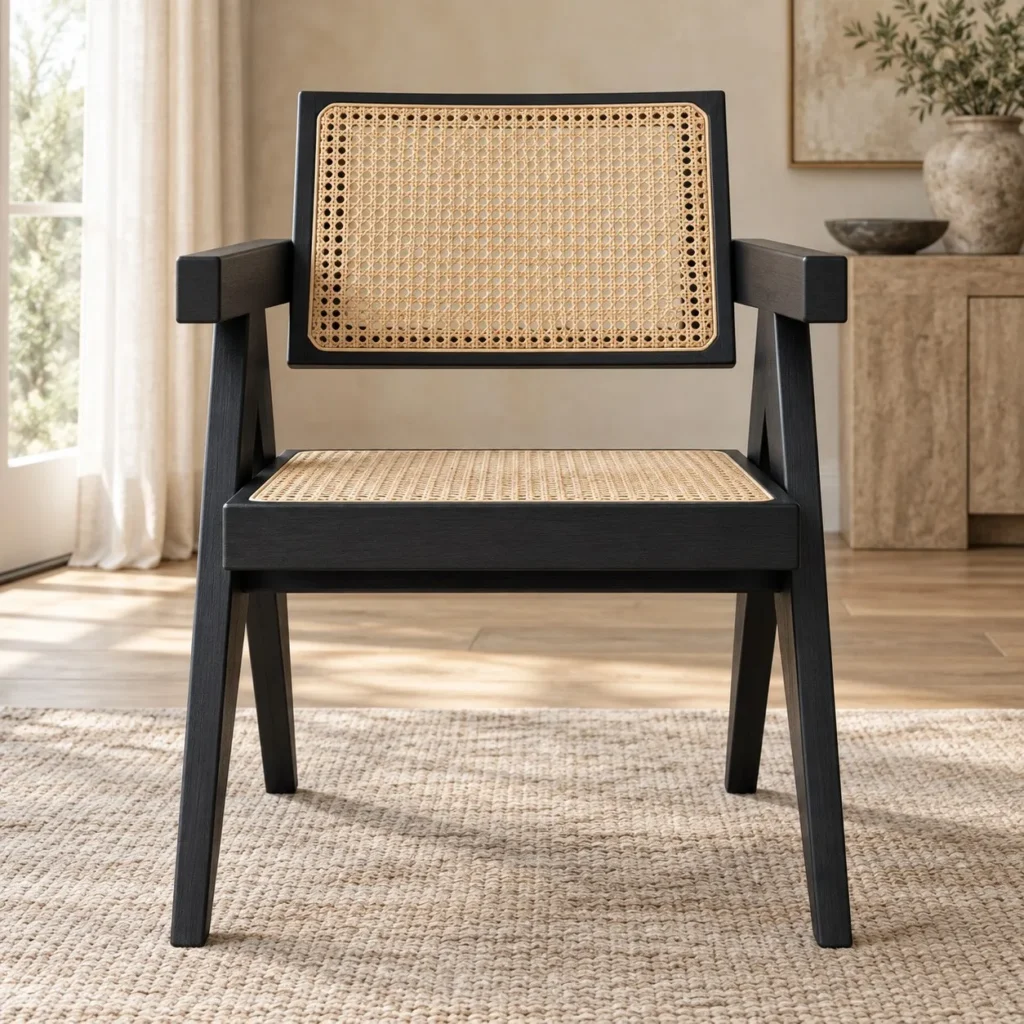 Black Wood Cane-Back Dining Armchair in black — front view