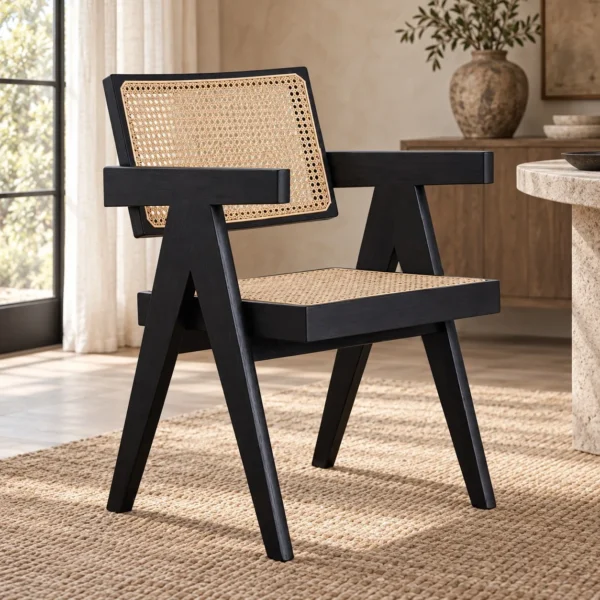 Black Wood Cane-Back Dining Armchair in black — in a room setting