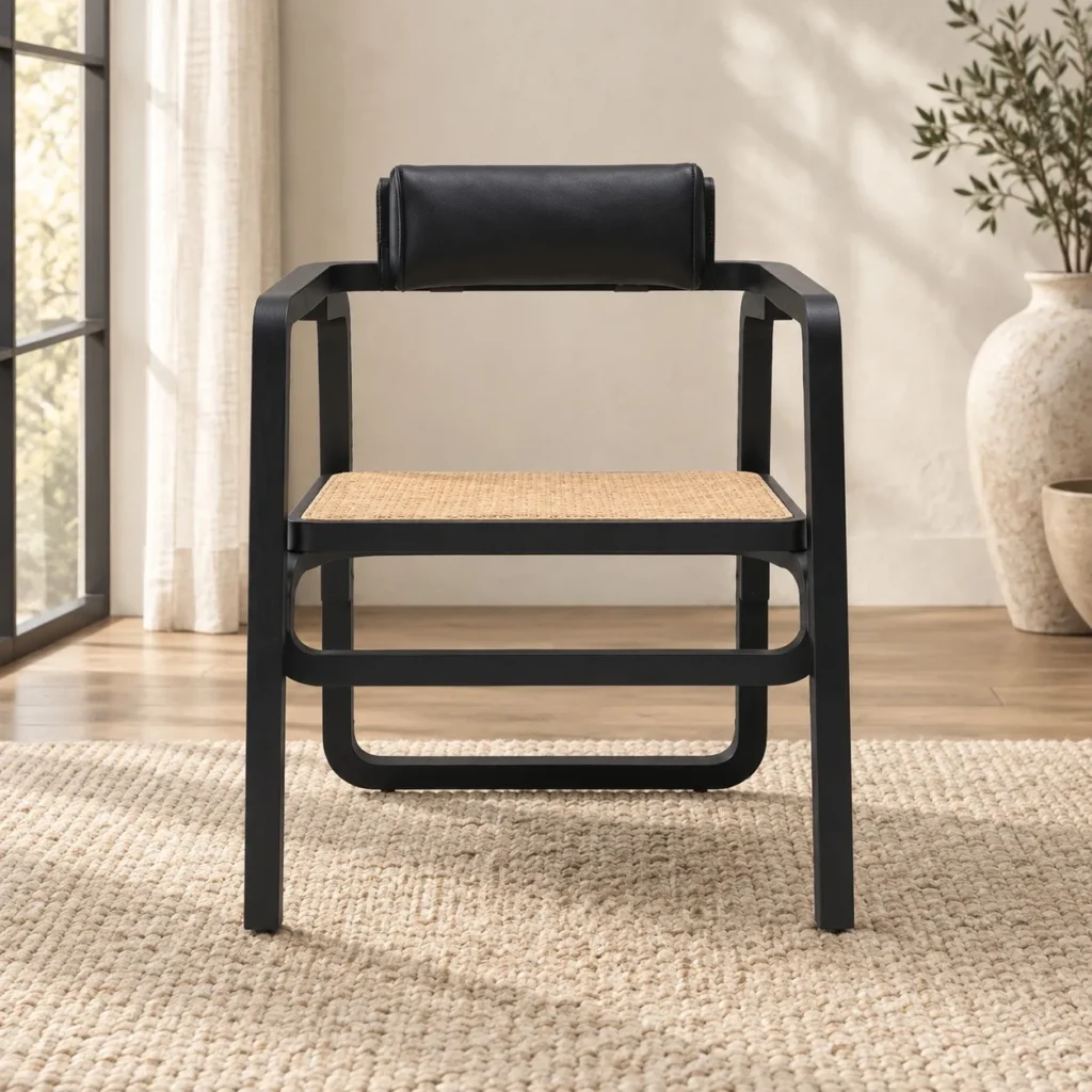 Black Bentwood Armchair with Cane Seat and Leather Headrest in black — front view