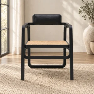 Black Bentwood Armchair with Cane Seat and Leather Headrest in black — front view