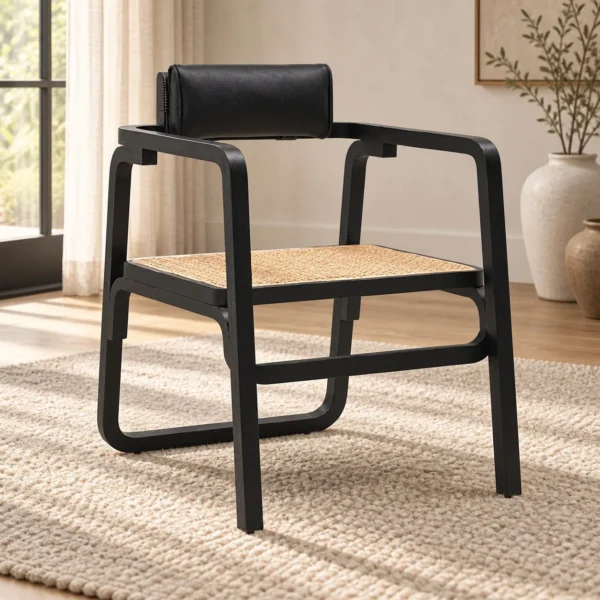 Black Bentwood Armchair with Cane Seat and Leather Headrest in black — in a room setting