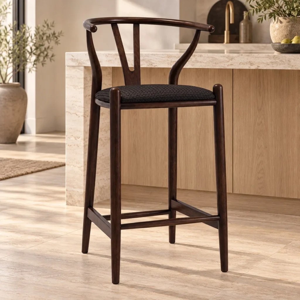 Dark Wood Wishbone Bar Stool with Black Seat in walnut — front view