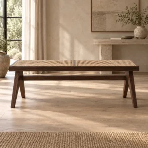 Dark Wood Bench with Woven Cane Seat in walnut — front view