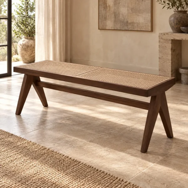 Dark Wood Bench with Woven Cane Seat in walnut — in a room setting