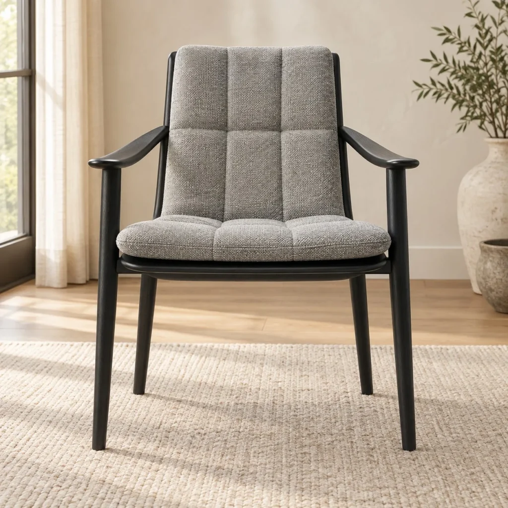 Black Wood Armchair with Grey Channel-Quilted Cushions in black — front view