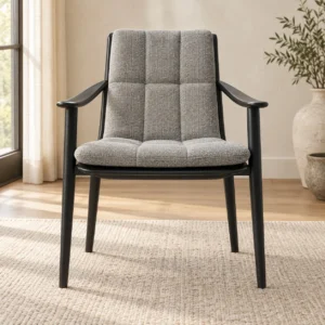 Black Wood Armchair with Grey Channel-Quilted Cushions in black — front view