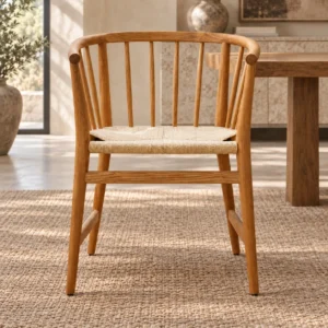 Oak Spindle-Back Dining Armchair with Woven Seat in natural oak — front view