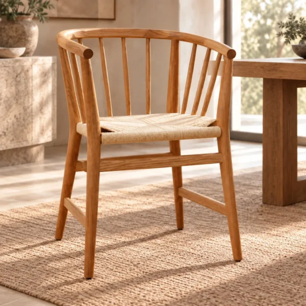 Oak Spindle-Back Dining Armchair with Woven Seat in natural oak — in a room setting