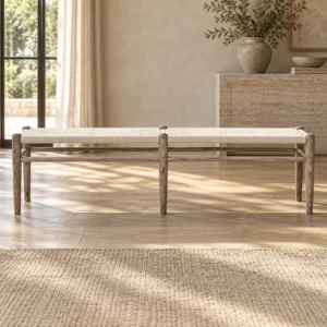 Pale Wood Bench with Woven Cord Seat in natural oak — front view