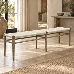 Pale Wood Bench with Woven Cord Seat in natural oak — in a room setting