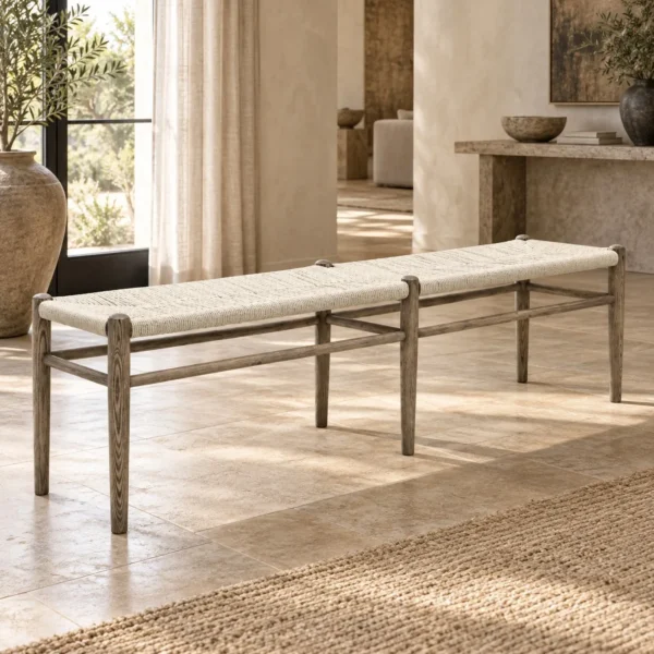 Pale Wood Bench with Woven Cord Seat in natural oak — in a room setting
