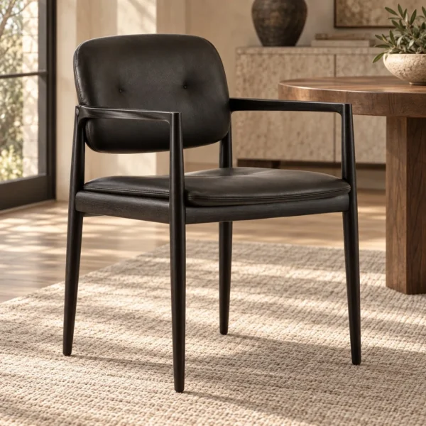 Black Wood Armchair with Black Leather Seat and Back in black — in a room setting
