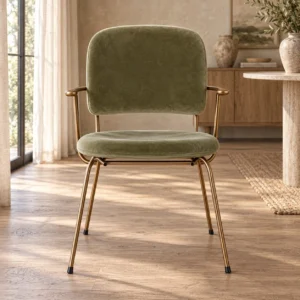 Olive Velvet Dining Chair on Brass Metal Frame in olive — front view
