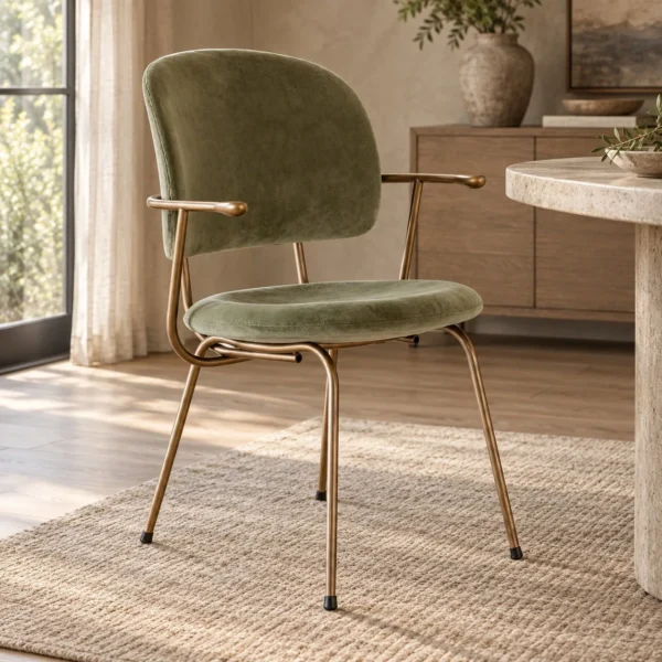 Olive Velvet Dining Chair on Brass Metal Frame in olive — in a room setting