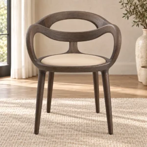 Sculpted Dark Wood Open-Back Dining Chair in walnut — front view