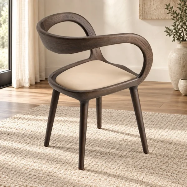 Sculpted Dark Wood Open-Back Dining Chair in walnut — in a room setting