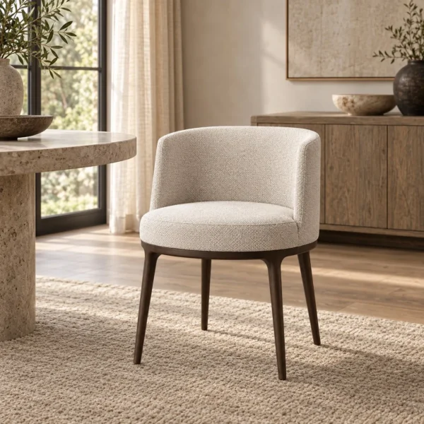 Lyson Oval Shell Dining Chair with Blanket Stitch in oatmeal — in a room setting