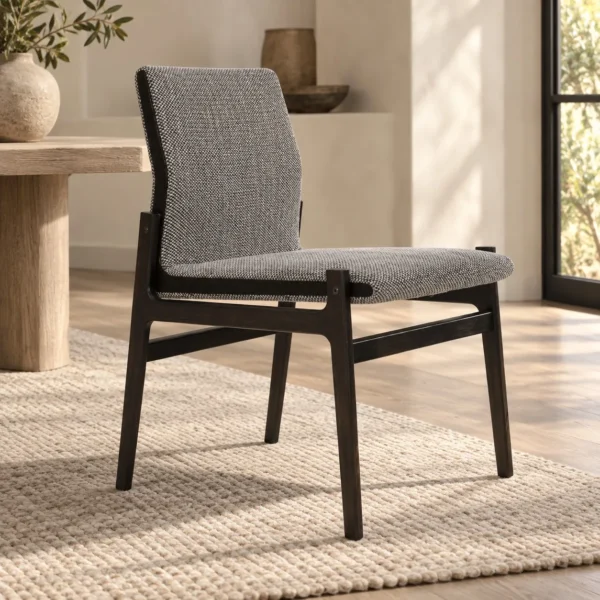 Black Frame Dining Chair with Grey Woven Seat and Back in black — in a room setting