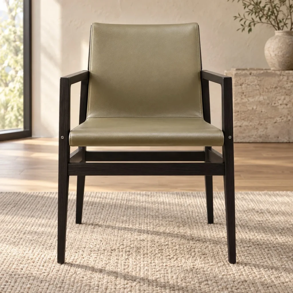Black Frame Dining Armchair in Olive Leather — front view