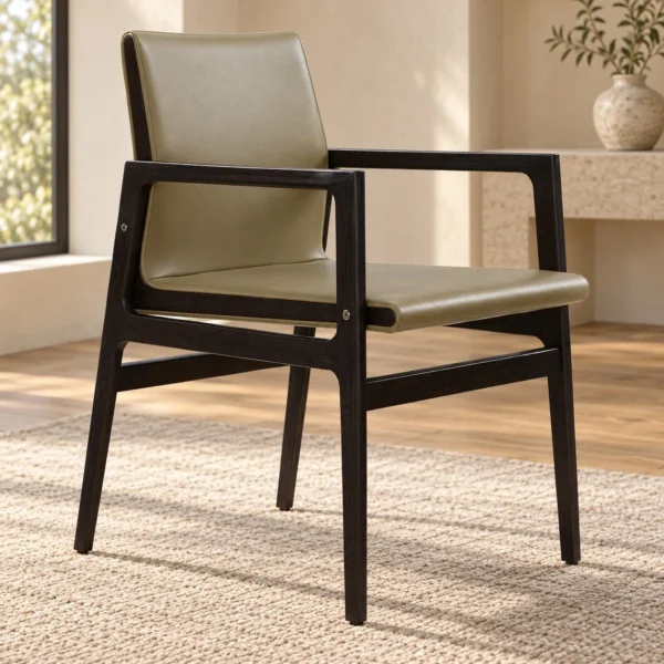 Black Frame Dining Armchair in Olive Leather — in a room setting