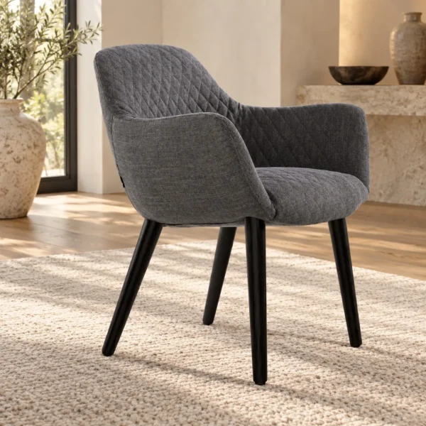 Charcoal Diamond-Quilted Dining Armchair in slate — in a room setting