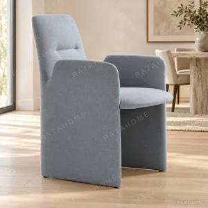 Light Blue Panel-Arm Dining Armchair in blue — in a room setting
