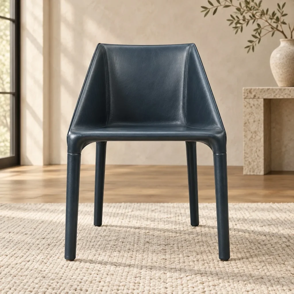 Navy Saddle Leather Wrapped Dining Chair in blue — front view