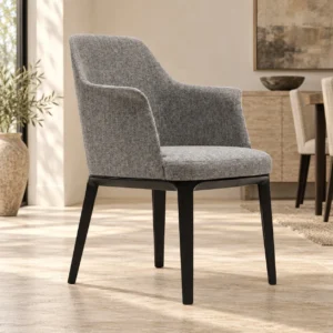 Grey Tweed Dining Armchair on Black Legs in slate — front view