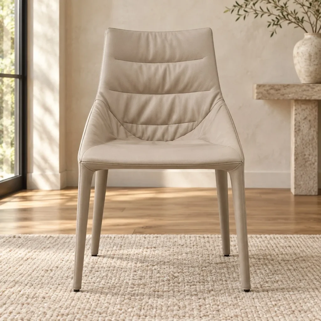 Cream Leather Dining Chair with Channel-Stitched Back in oatmeal — front view