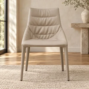 Cream Leather Dining Chair with Channel-Stitched Back in oatmeal — front view