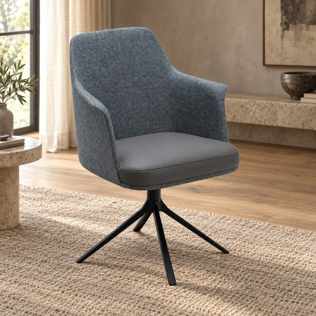 Two-Tone Swivel Dining Armchair in Grey Tweed and Leather — front view