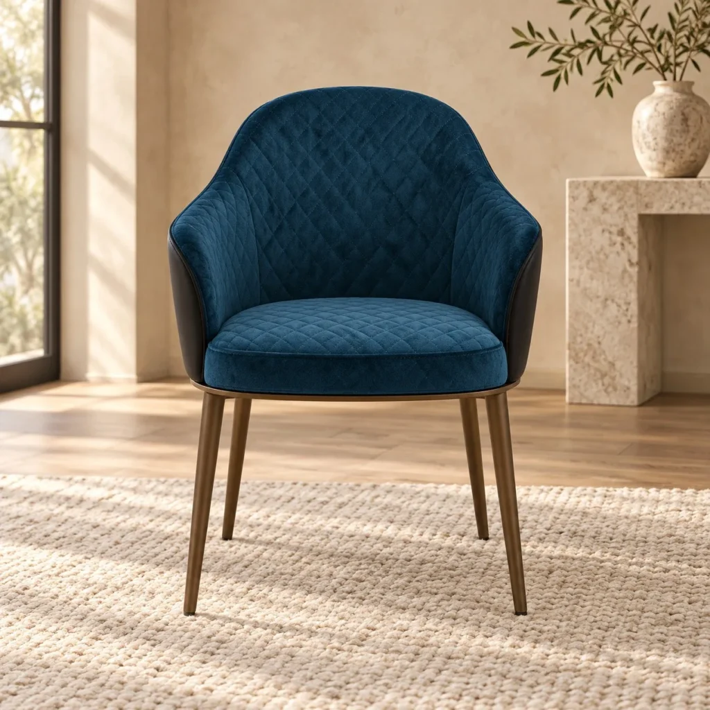 Navy Velvet Diamond-Quilted Tub Dining Chair in blue — front view