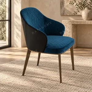 Navy Velvet Diamond-Quilted Tub Dining Chair in blue — in a room setting