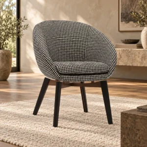 Houndstooth Barrel Dining Armchair on Black Legs in black — front view