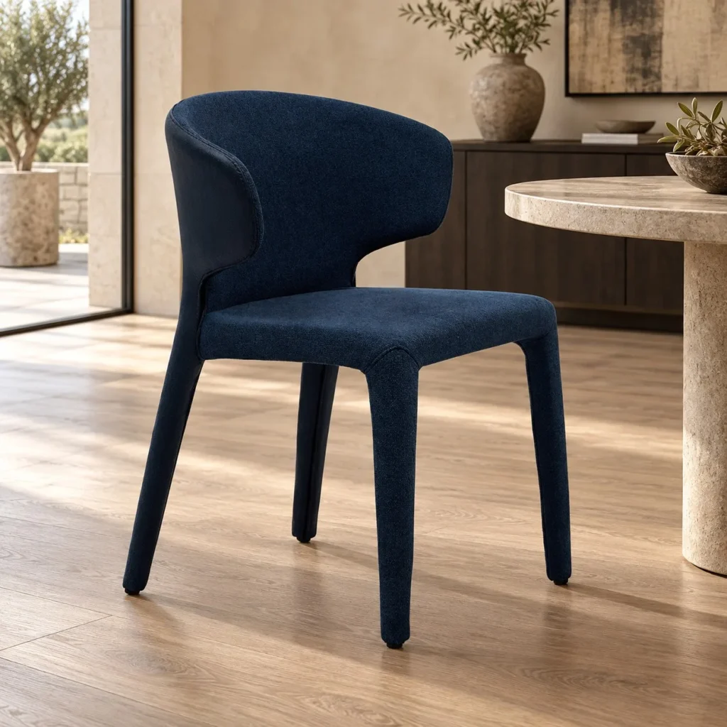 Navy Fully Upholstered Curved-Back Dining Chair in blue — front view