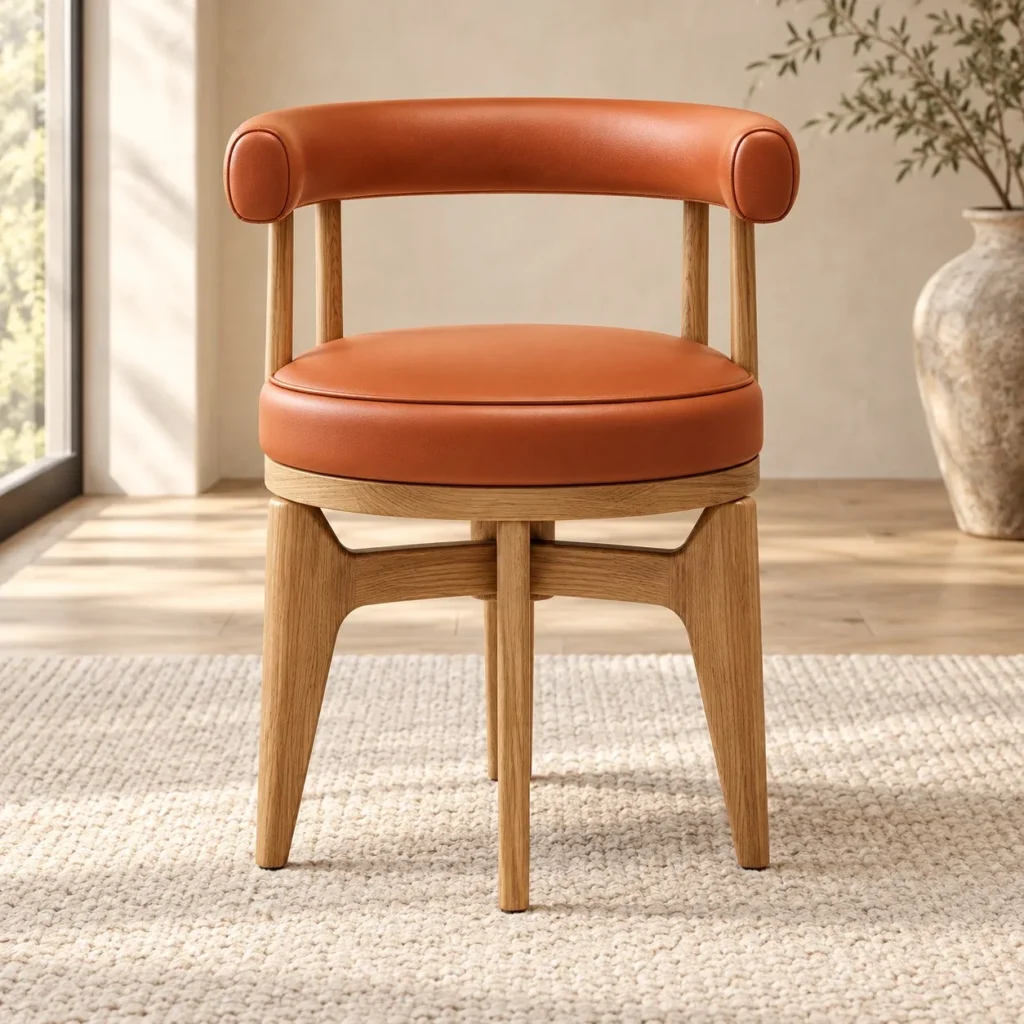 Oak and Caramel Leather Round Dining Chair in clay — front view
