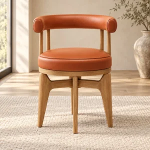 Oak and Caramel Leather Round Dining Chair in clay — front view