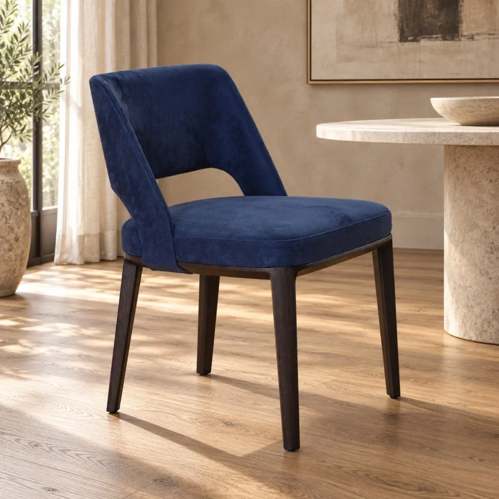Navy Velvet Dining Chair with Cut-Out Back in blue — front view