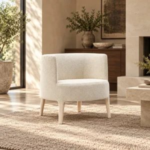 Lyson Cream Bouclé Shell Chair in oatmeal — front view