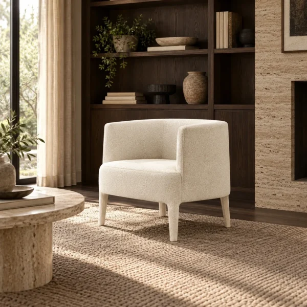 Lyson Cream Bouclé Shell Chair in oatmeal — in a room setting