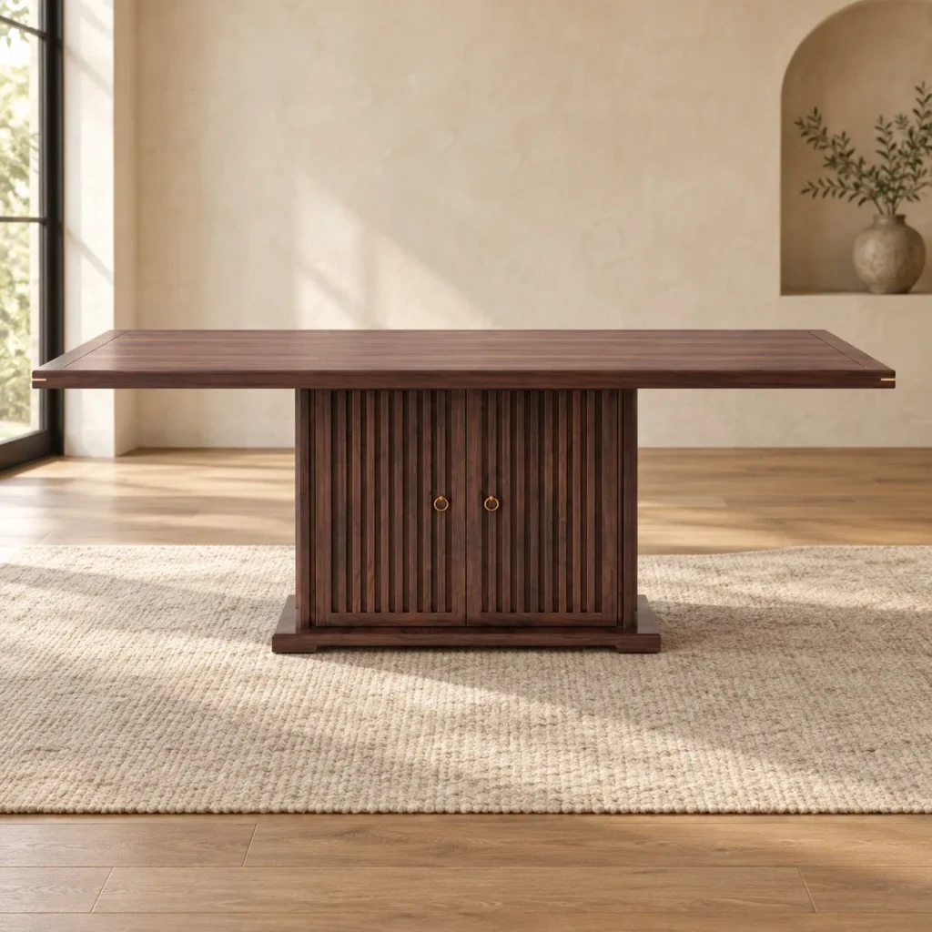 Dark Wood Dining Table on Fluted Cabinet Pedestal in walnut — front view